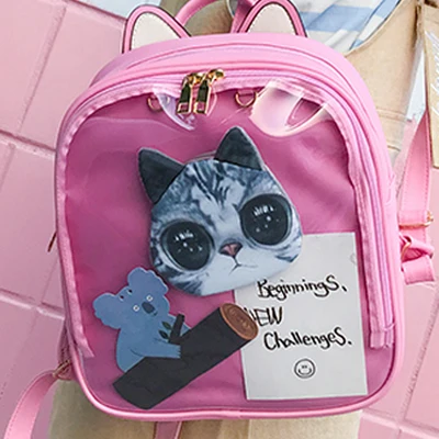 pink Lovely Cat Ear Leather Backpacks Candy Color Transparent Bag Teenage Girls Travel Bakpack Children Shoulder Bags School Itabag - Цвет: pink