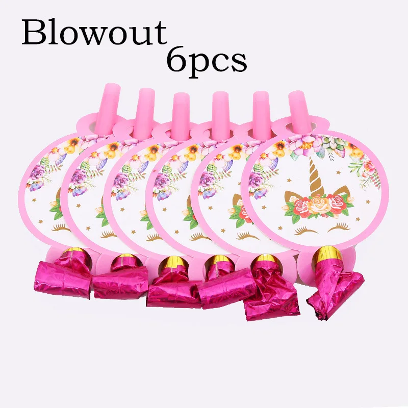 6pcs blowout Розовый Единорог вечерние украшения для девочек на день рождения латексные шары Единорог посуда бумажная шляпа салфетки тарелка скатерть с днем рождения подарок - Цвет: 6pcs blowout