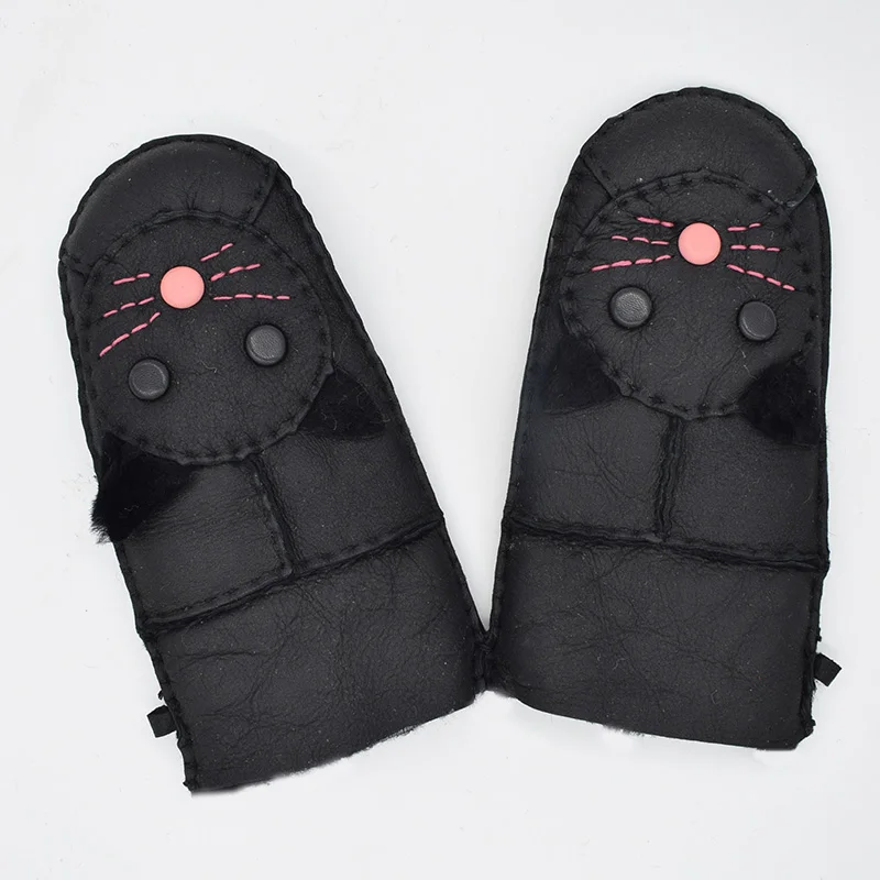 black Ms. MinShu/Детские перчатки из овчины, меховые варежки, детские кожаные перчатки, Детские Зимние теплые перчатки из натуральной овчины, меховые перчатки - Цвет: black