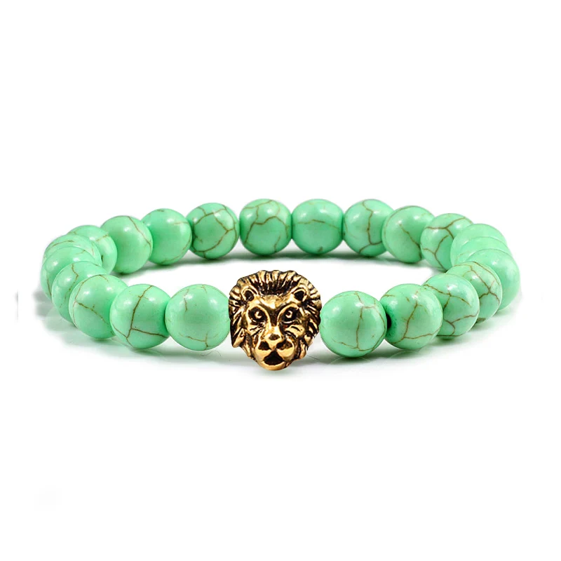 Apple green-golden Модные индивидуальные животные натуральный камень из вулканической лавы Браслеты серебряная Голова Золотого Льва бисерные браслеты Очаровательные мужские ювелирные подарки - Окраска металла: Apple green-golden