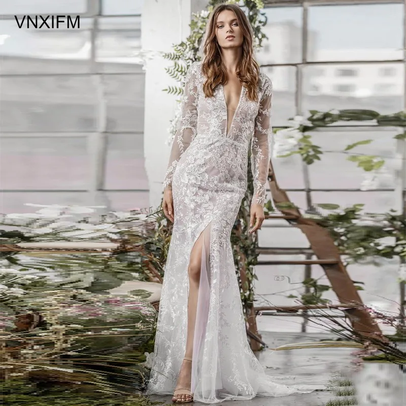 Vnxifm 2019 bridal long sleeves deep plunging v neck embellishment slit skirt sexy elegant fit and flare sheath wedding dress|Свадебные