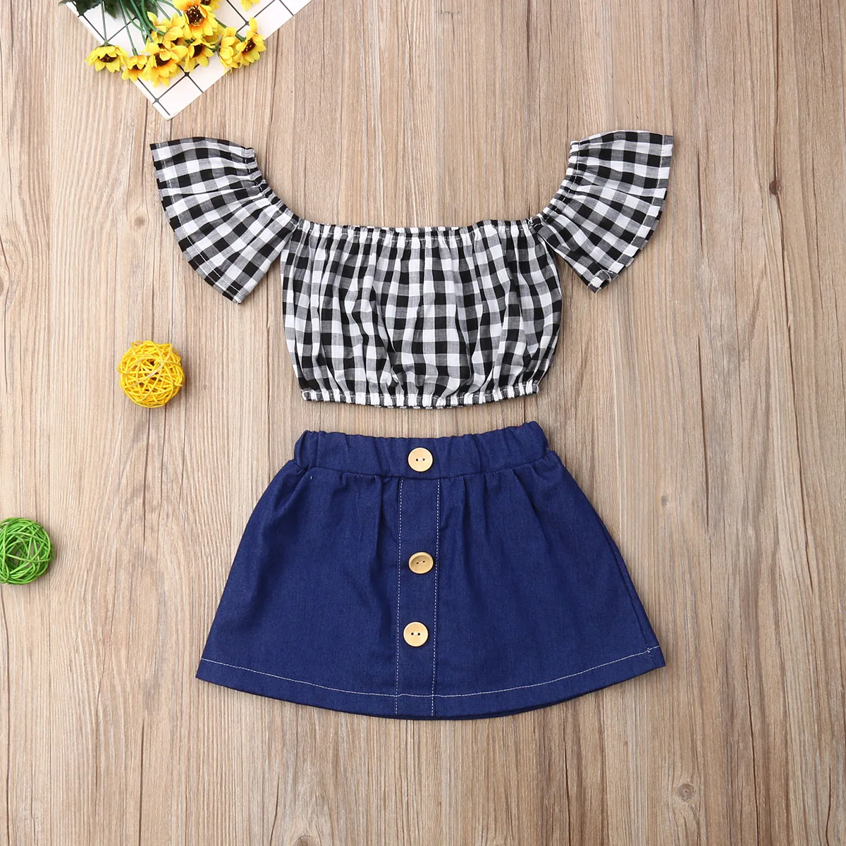 Детская джинсовая мини юбка Pudcoco клетчатый укороченный топ с открытыми плечами и