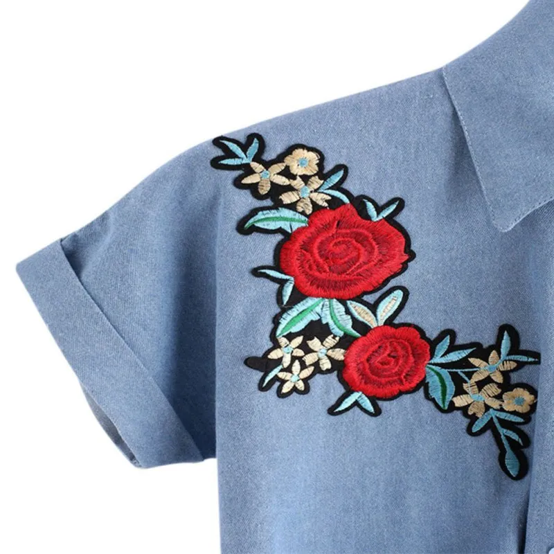 

2019 Vintage Short Sleeve Casual Women Blouse And Tops Women Retro Temperament Rose Embroidered Denim Lapel Blouse Shirt