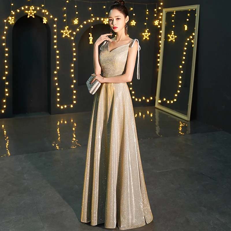 He's Bride Gold Evening Dress V-Neck Sleeveless Floor-Length Party Prom Gown Custom Robe De Soiree | Свадьбы и торжества