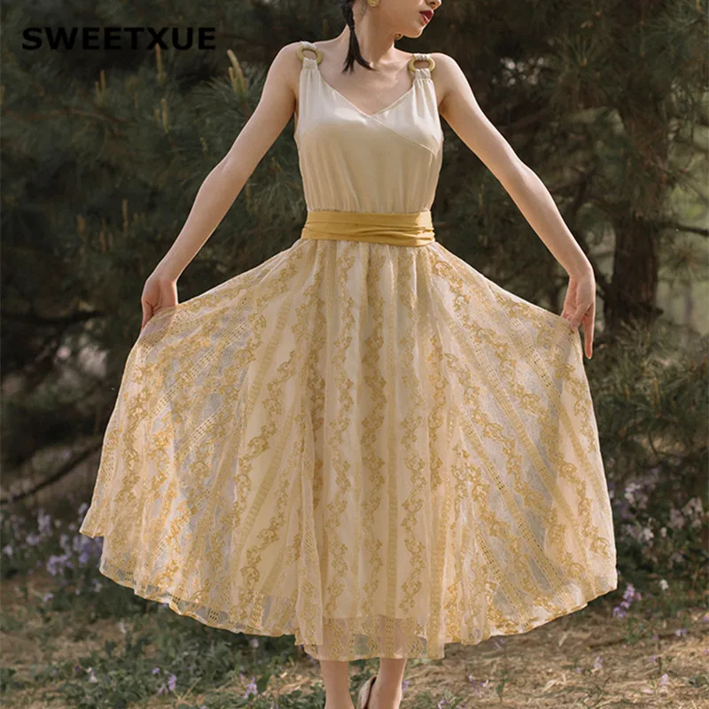 Милое летнее длинное платье Sweet Cross с треугольным вырезом поясом и поясом|Женские