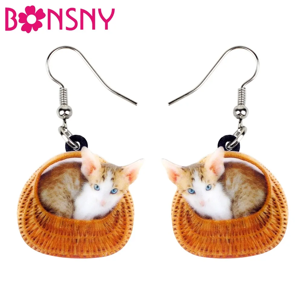 Bonsny акриловые Мультяшные корзины котенок кошка серьги большие длинные висячие