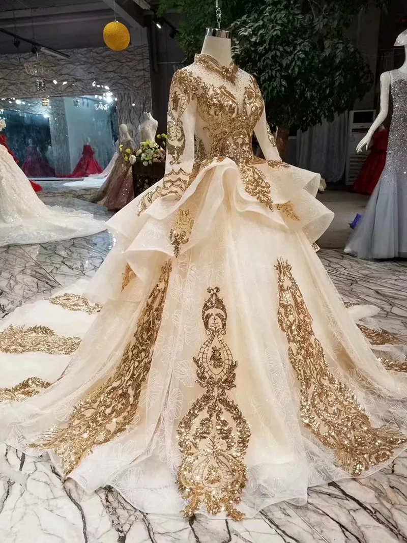 LSS269 мусульманские Вечерние платья с золотыми блестками высоким воротником