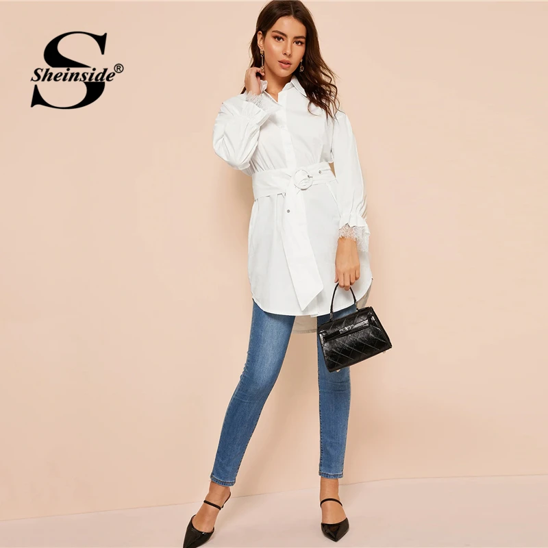 Sheinside белая элегантная Длинная блузка с поясом для женщин контрастный кружевной рукав-Волан блузки Женский однотонный минималистичный Топ