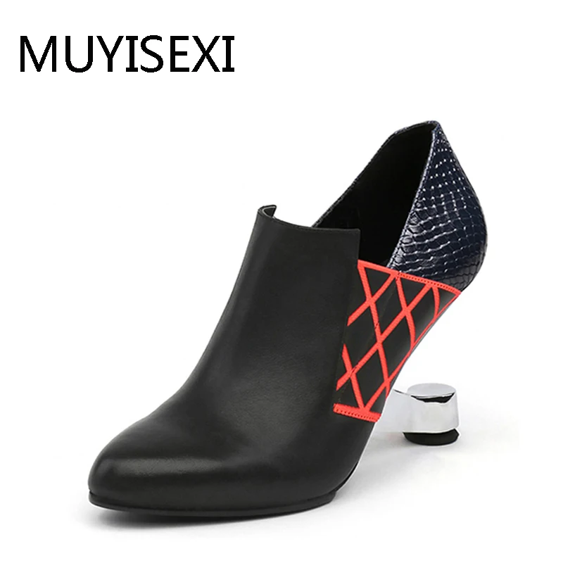 

Clear stock! Blue High Shoes Woman 9 cm Metal Heel Women Pumps Genuine leather Round Toe Elastic Band Shoes Autumn MUYISEXI