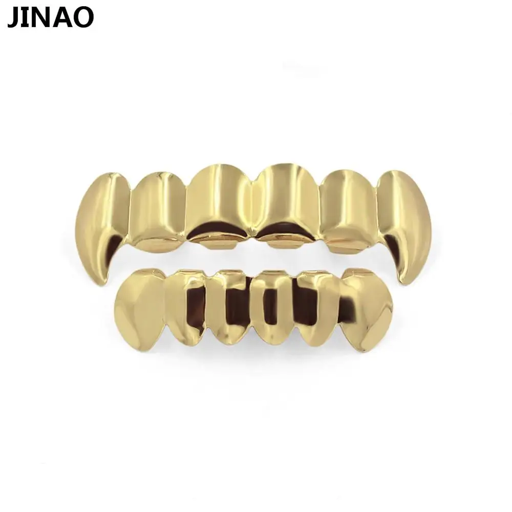 JINAO Настоящее блестящее чистое золото посеребренные хип-хоп ЗУБЫ Grillz Top& Bottom Groll набор с силиконовыми вампирскими зубами грили - Окраска металла: Gold Set