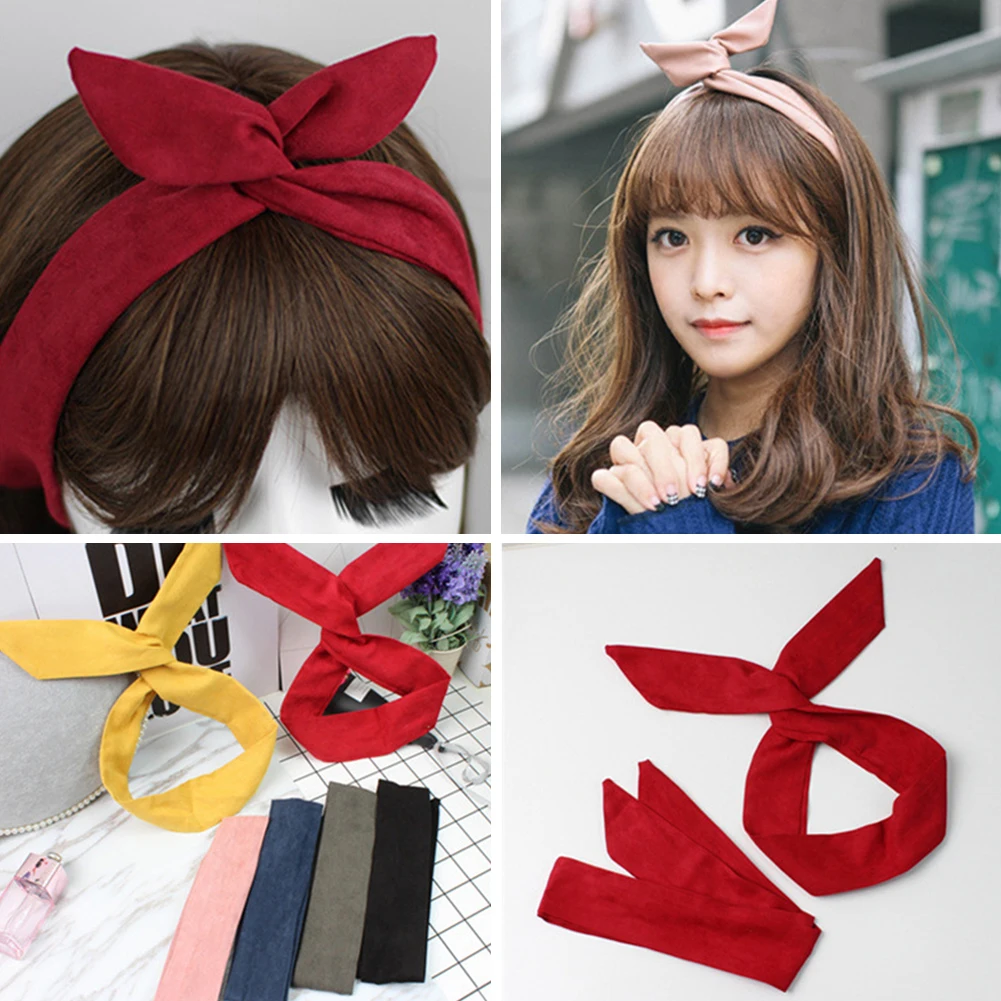 

Retro Suede Solid Color Rabbit Ears Headband For Women Cross Bow Hairband Fashion Hair Accessories Metal Wire Red Pink Hair Ties