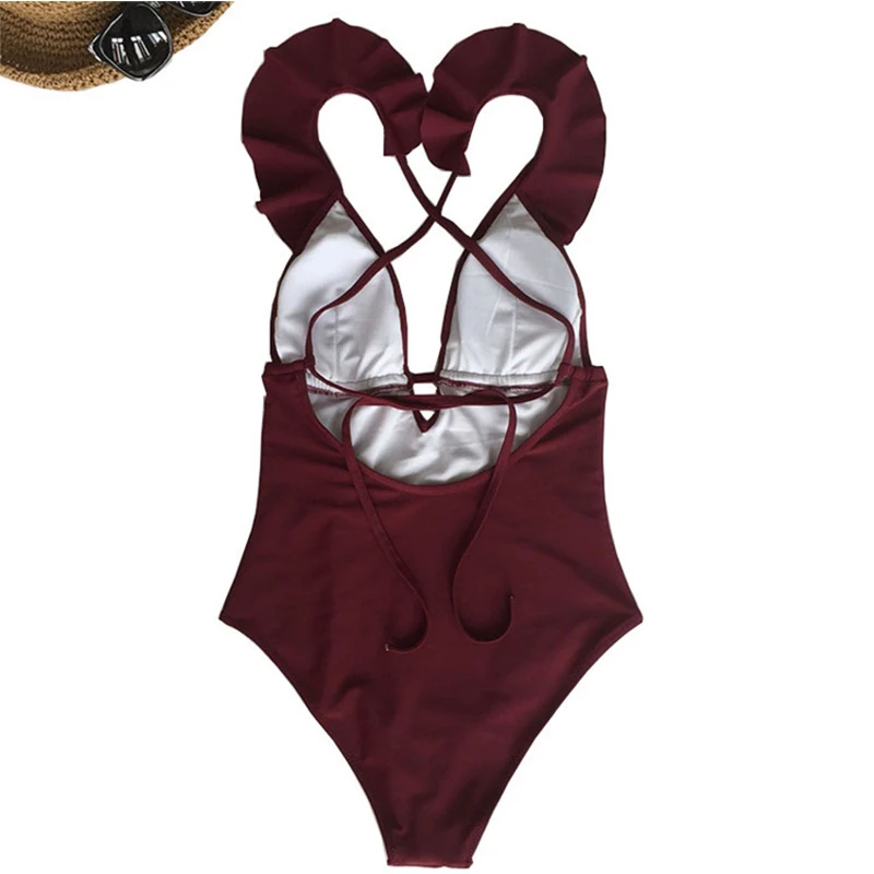 Сексуальный женский купальник Желтый сплошной цельный Falbala v образный вырез