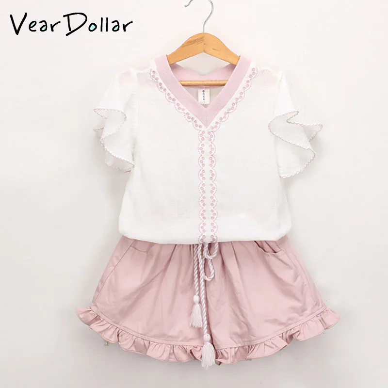 

Veardoller Girls Clothes Set 2019 New Arrive Cute V-neck Petal Sleeve Tops + Solid Casual Shorts Baby Girls Clothes 2Pcs Set