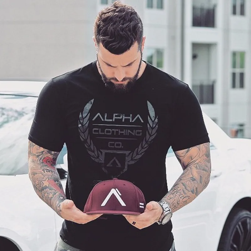 Мужская Летняя хлопковая футболка с коротким рукавом спортивные залы фитнес