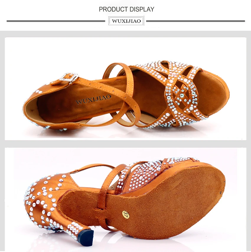 WUXIJIAO/Новинка; женская обувь на водонепроницаемой платформе; атласная обувь для латинских танцев; стразы; Обувь для бальных танцев; цвет бронзовый