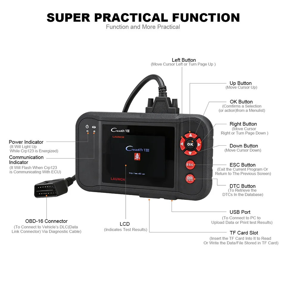 LAUNCH X431 Creader 8 obd2 считыватель кода EOBD сканер тестер ENG/ABS/SRS/Подушка безопасности+ тормоз/SAS/Функция сброса масла бесплатное обновление