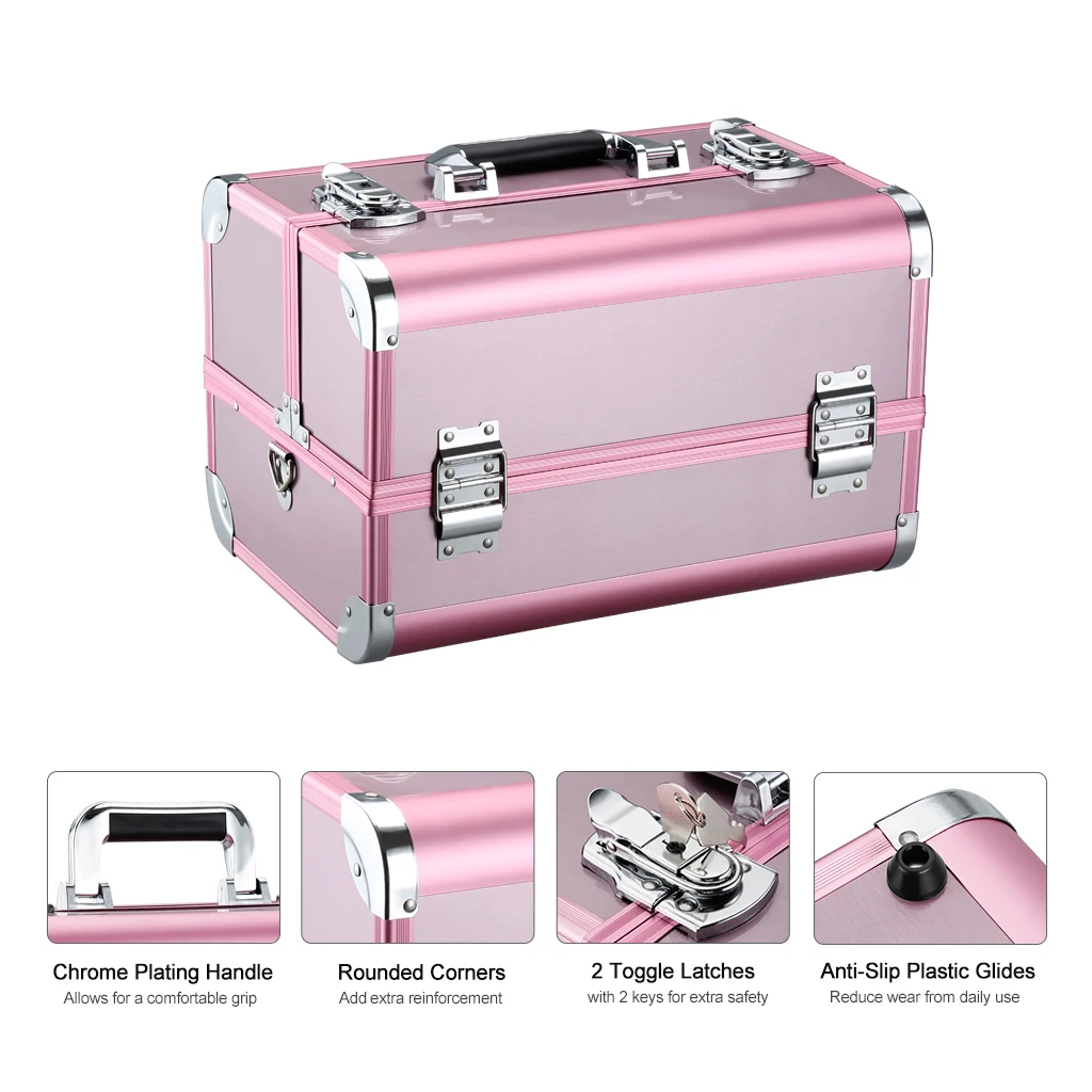 Pink LANGRIA Профессиональный алюминиевый дорожный кейс для косметики Аксессуары для красоты Органайзер 4 лотка 2 замки ключи Глянцевая искусственная кожа - Цвет: Pink