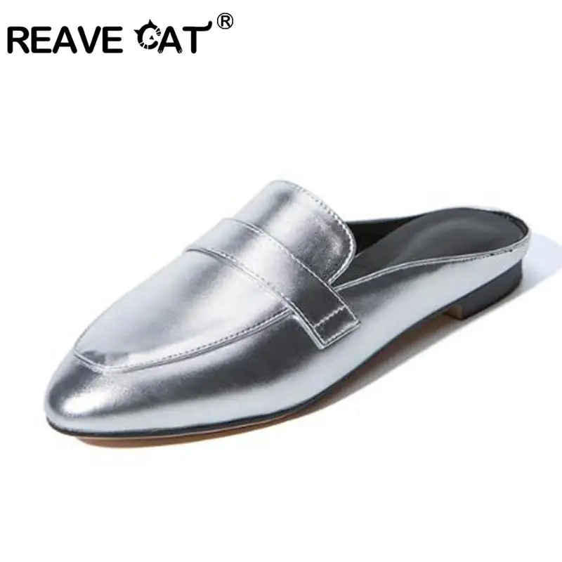 

REAVE CAT Big size 32-43 Summer Ladies Mules Slippers Sandals Round toe Glitter Wedding casual Woman 2019 Comfort Low heels US12