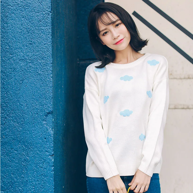 women fashion winter Autumn Clouds sky embroidery sweater candy color pullovers solid loose cashmere ladies knitting | Женская одежда