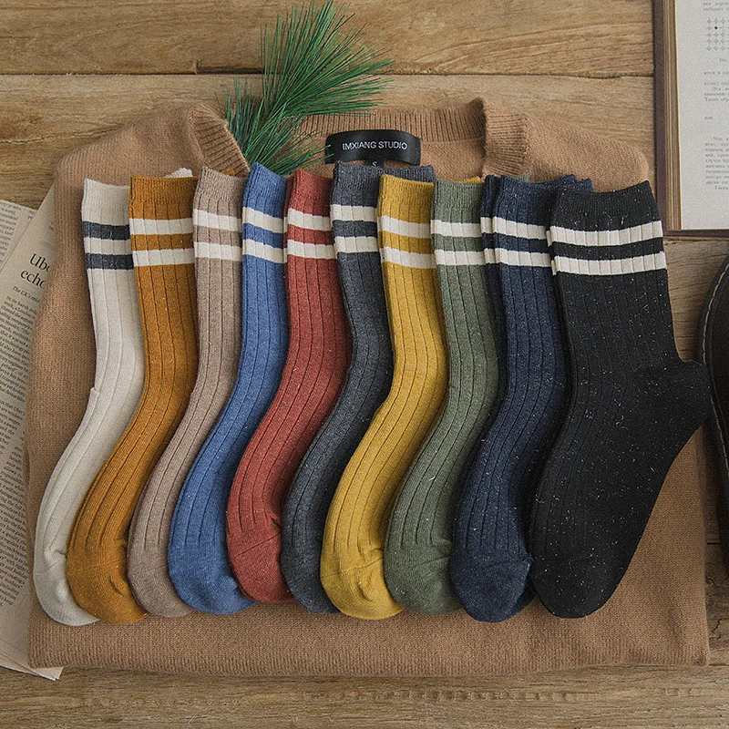 

2019 Autumn and Winter Korean Style Solid Striped Socks Women Harajuku Striped Over Ankle Comfortable Student Cotton Socks