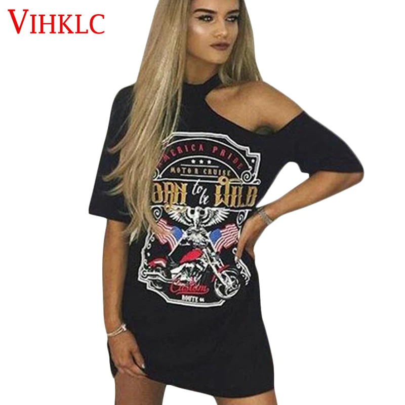 Панк-рок музыка вечерние 2017 платье-футболка с открытыми плечами Орел Печатный
