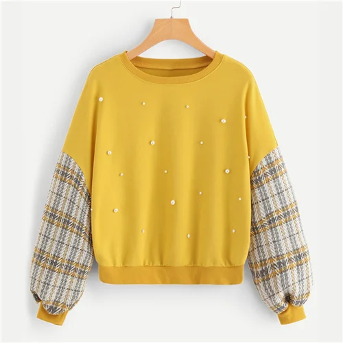 Цвет: желтый Dotfashion, желтая, украшенная жемчугом, с заниженным плечом, клетчатая толстовка, женская одежда, осень, женские модные повседневные пуловеры - Цвет: Цвет: желтый