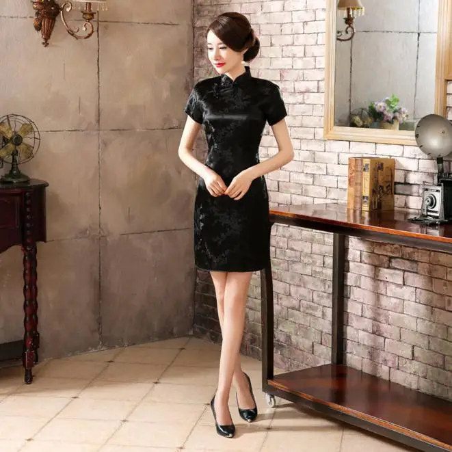 Современный Cheongsam Китайский атласная Qipao Традиционный Короткие Мини Cheongsam сексуальное платье плюс 4XL 5XL 6XL китайский Восточный платья - Цвет: Black