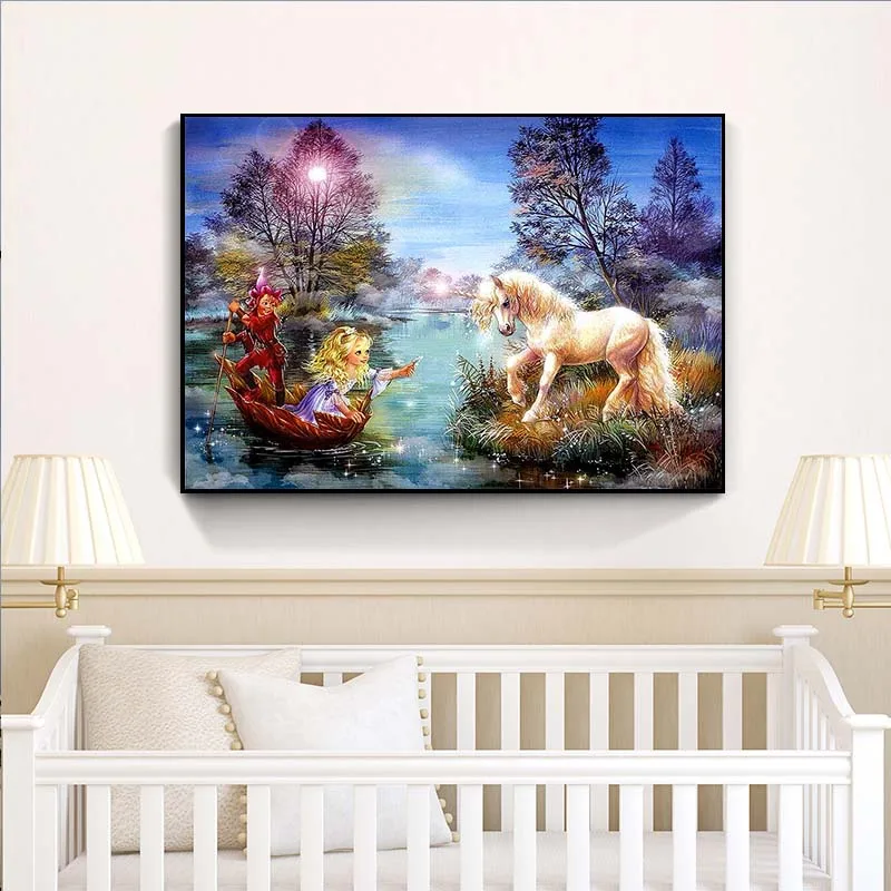 FineTime DIY Алмазная картина Декорации для девочек и лошадей из страз полная круглая