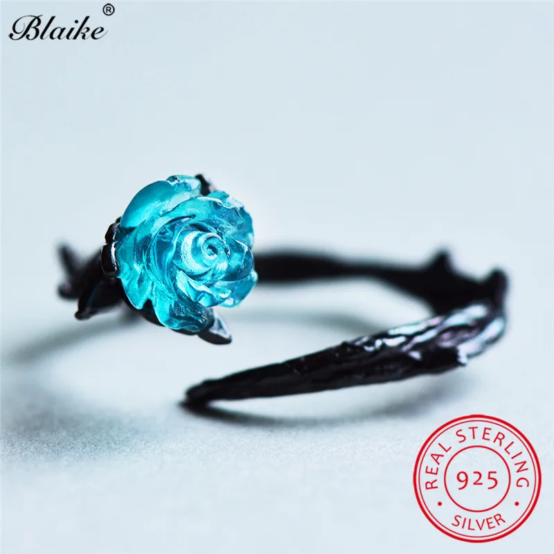 Blaike 925 кольцо из стерлингового серебра с голубым цветком розы кольца для женщин
