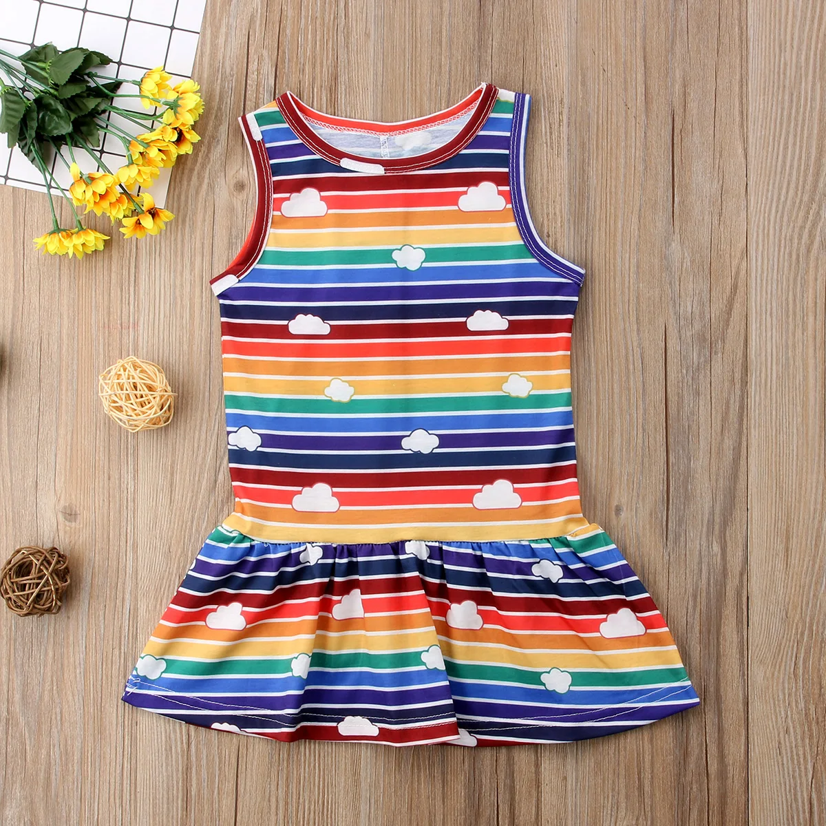 От 2 до 6 лет платье с радужным облаком для маленьких девочек Хлопковое без