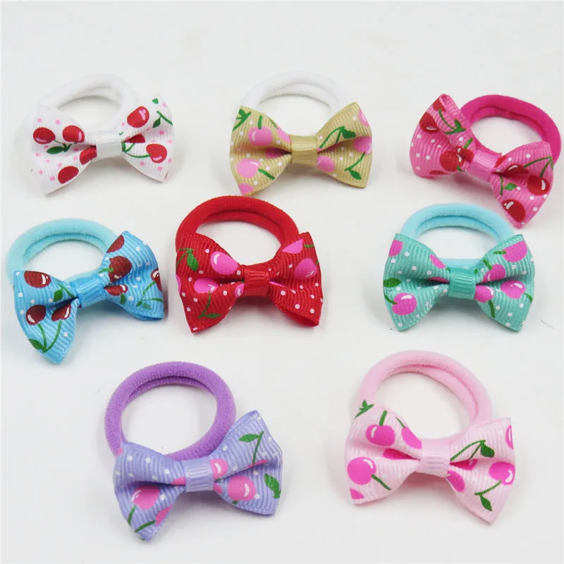 With Hair Ring 2PCS/LOT Lovely Cherry Small Bow Hairpin For Girl Hair Tie Child Elastic Hair Bands Scrunchy Clips Hair Accessories For Kids - Цвет: With Hair Ring