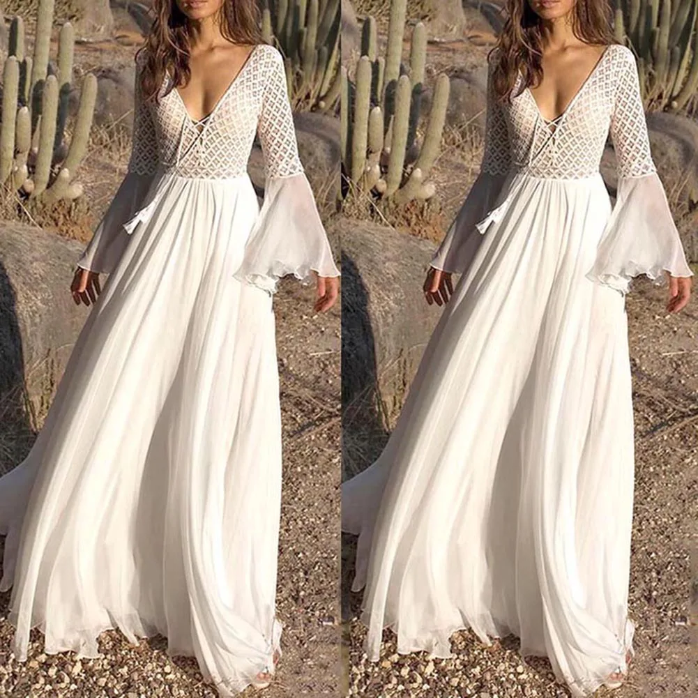 Женское платье с длинным рукавом и v образным вырезом Boho белое длинное на