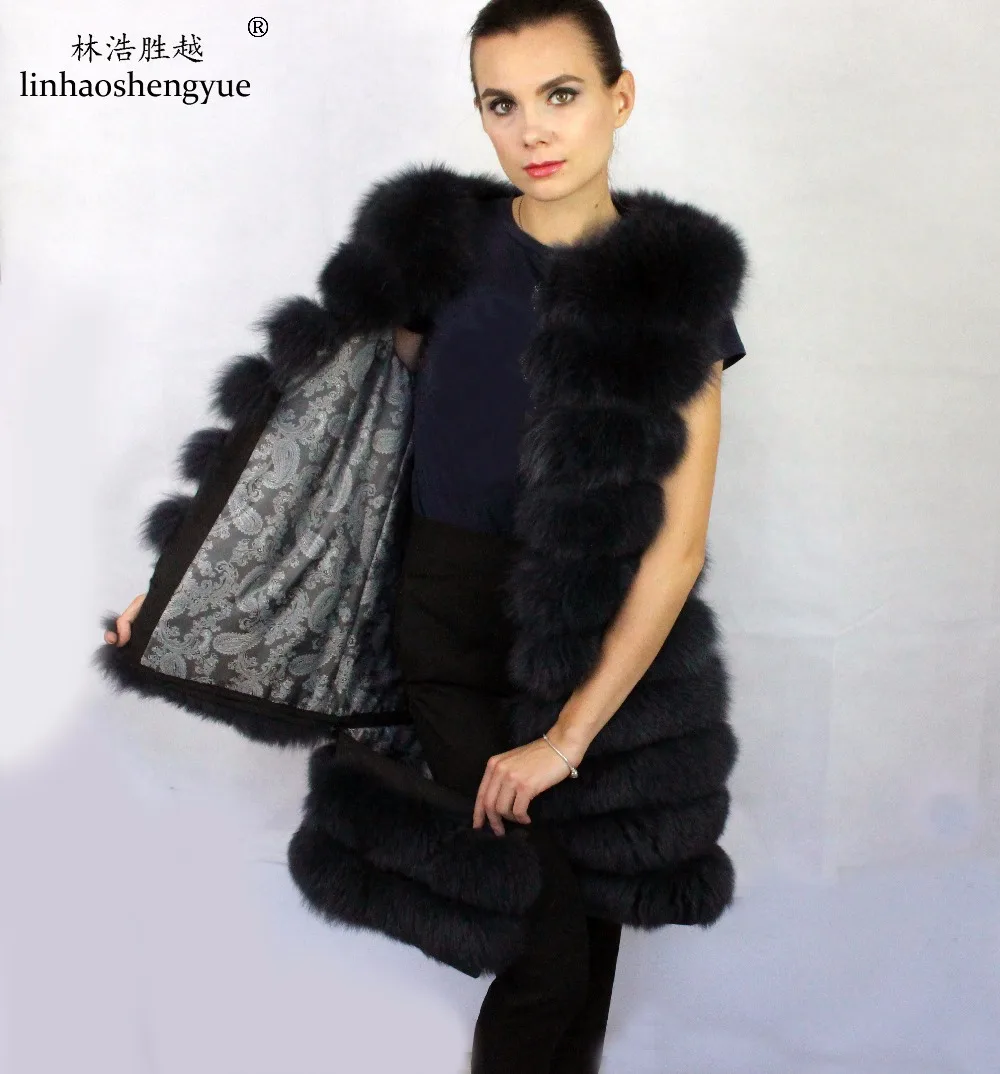 Linhaoshengyue 2017 HOT Selling 100% Fox Fur Women Coat with Leather Sleeves Warm Fashion  Detachable Sleeves