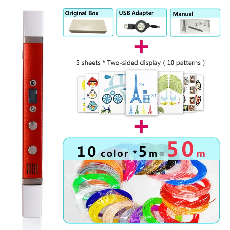 Red pen Package 3 Myriwell 3d Ручка 3d ручки, светодиодный дисплей, usb зарядка, 3 d ручка smart3d печатная ручка ребенок день рождения present3d печать pen3d модель - Цвет: Red pen Package 3