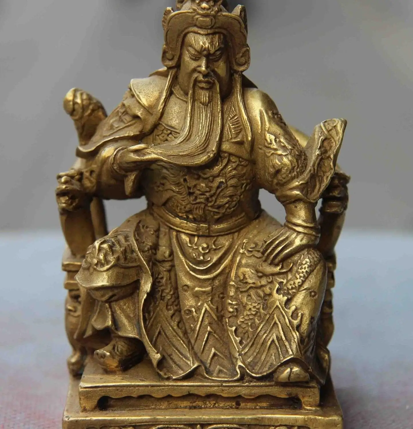 Китай Народная Медь Бронза Латунь Drgon Сидеть Дракон GuanGong Гуань Юй Воин Статуя|statue