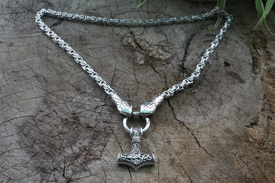 

viking snake head Men stainless steel necklace with viking mjolnir pendant norse talisman ethnic jewelry