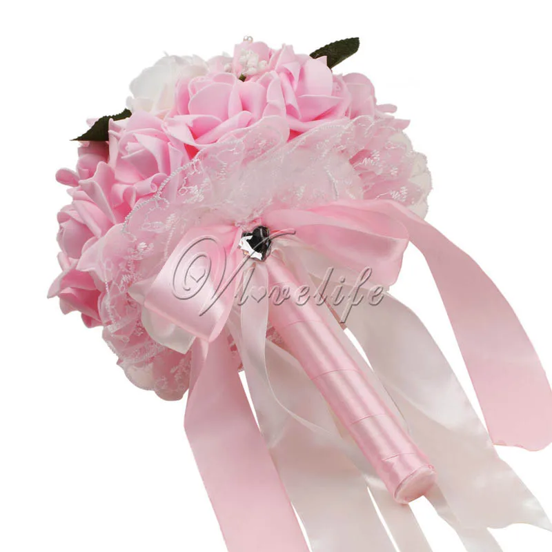 white pink Пенопластовая роза Свадебный букет кружевная окантовка тычинки и листья шелковая лента бриллиантовый жемчуг удерживающее цветочное украшение - Цвет: white pink