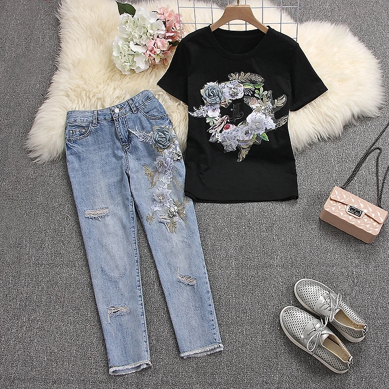 Женские хлопковые футболки ALPHALMODA с коротким рукавом и объемным цветочным
