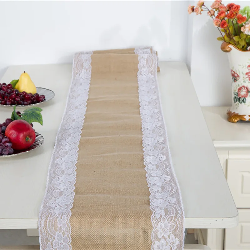 Винтажный холщовый джутовый льняной настольный бегун двух размеров кружевная
