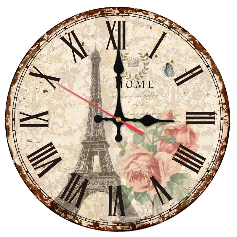 new fashion wall clock wooden clocks Quartz watch Europe home decoration living room circle single face Eiffel To stickers | Дом и сад