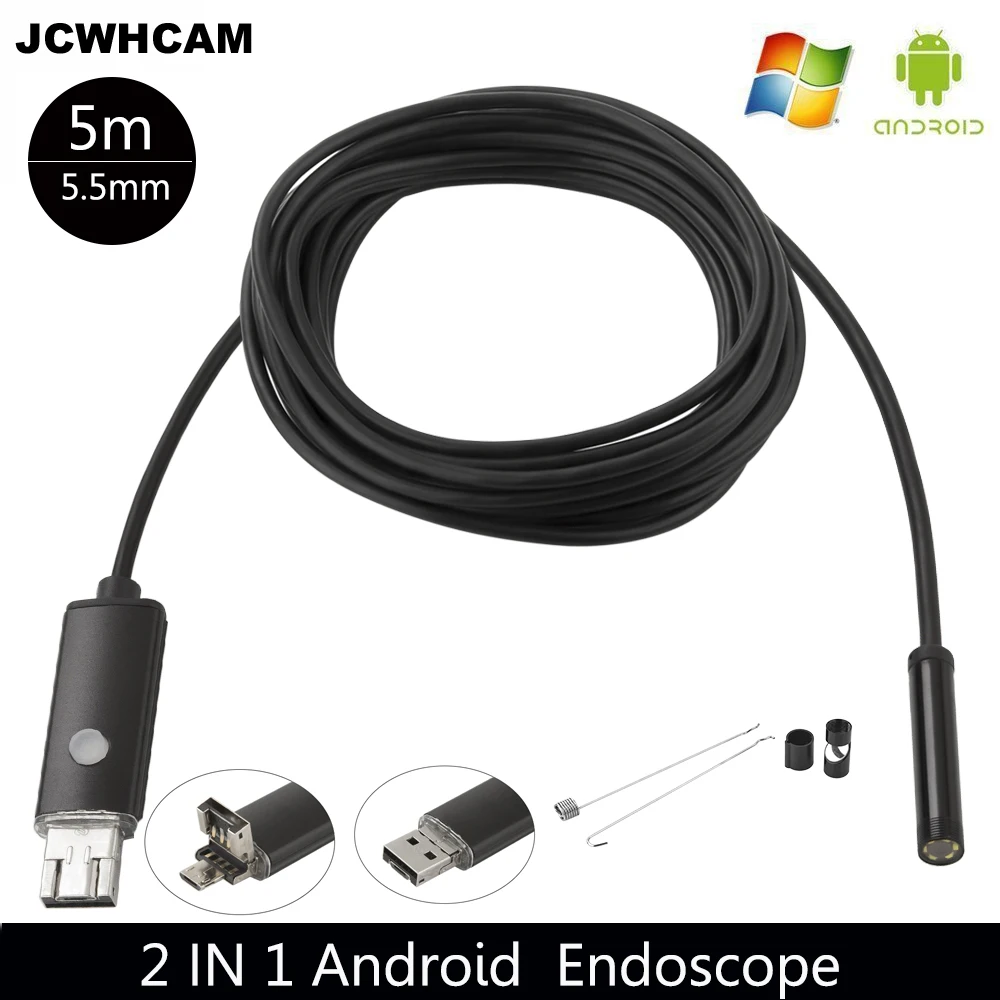 

JCWHCAM 5.5mm Android USB Endoscope Camera 5M Flexible Snake Tube Inspection Smart Android Phone OTG USB Borescope Camera 6LED
