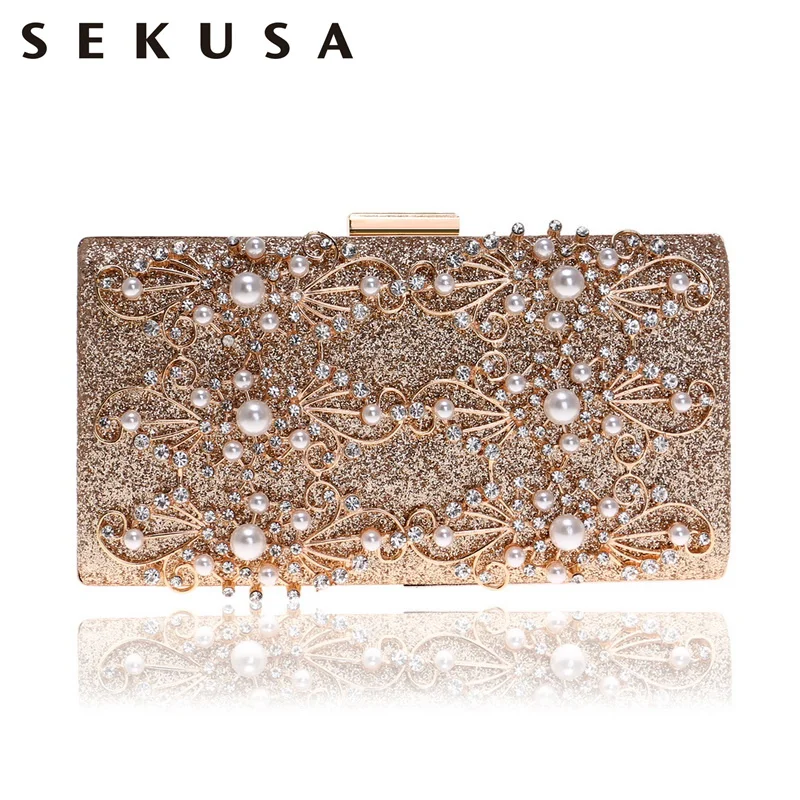 SEKUSA, украшенный бисером, стильный женский клатч, вечерние сумки, стразы, расшитые блестками, дамские сумочки, на плечо, с цепочкой, металлические, вечерние, свадебные сумочки