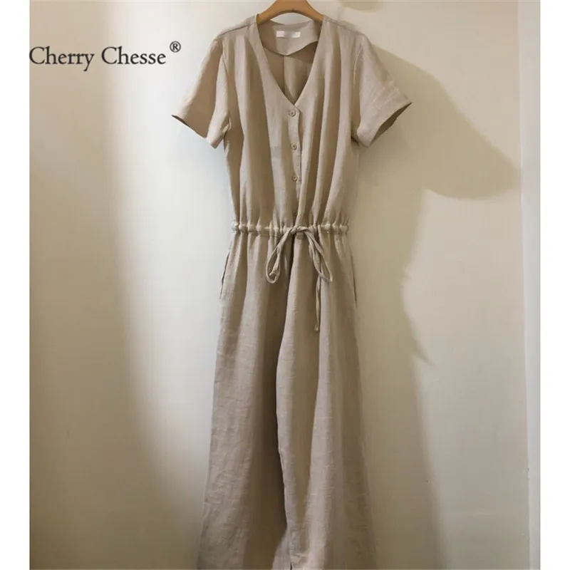 Cherry Chesse Твердые Кнопка Для женщин летние комбинезоны Drawstring V шеи комбинезон