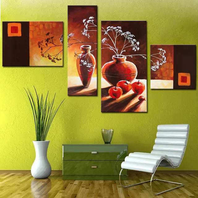 

Hand Painted Exquisite Abstract 4 Pieces Red White Flower Oil Painting for Home Wall Art Decor Modern Abstract Pictures Unframed