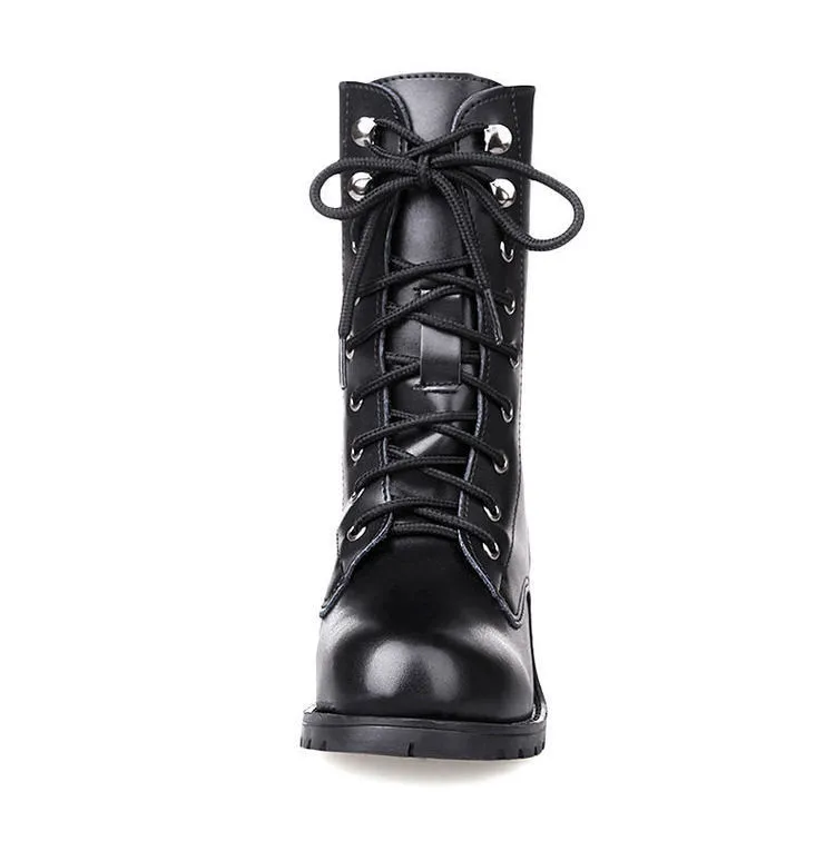 2019 winter Cool Big Size Women Riding Boots Black Pu Leather Mid-Calf Rivet Adults Maritn for Plus size 35-43 | Обувь