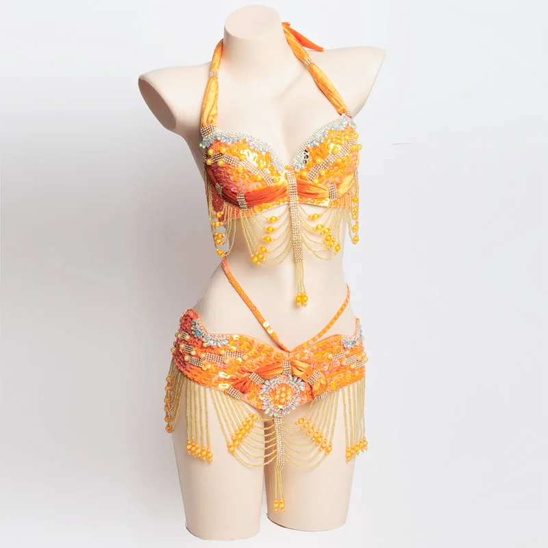Orange Горячий Сияющий костюм для танца живота, сексуальный костюм для танца живота, карнавальный комплект, одежда для танца живота, Клубная одежда для ночного представления, 1110: бюстгальтер и пояс - Цвет: Orange