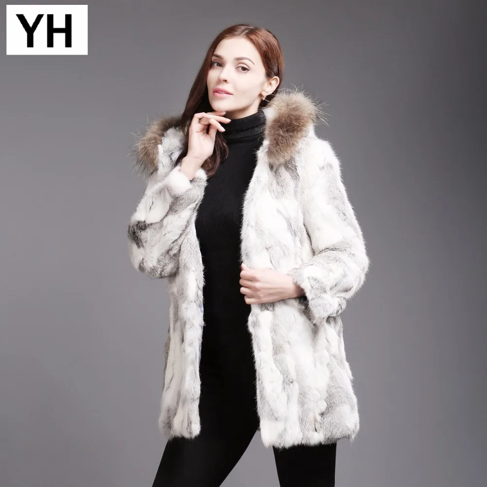 2021 New Women Real Rabbit Fur Coat Winter Warm Long Jacket Raccoon Collar Hooded Sleeve Clothes | Женская одежда