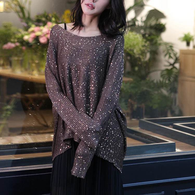 Gold Lurex Knit Tops Women Long Batwing Sleeve Big O-neck Sequined Sweaters Silver Thread Shiny Loose Ladies Jumpers | Женская одежда