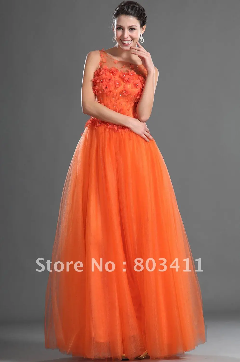 

New Arrival Formal Party Dress Sleeveless Tulle Evening Dress with Handmade Flowers