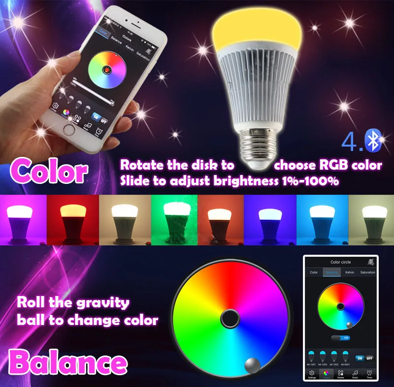Умная Светодиодная лампа с регулируемой яркостью E27/E26 8 Вт Bluetooth 4 0|spotlight night|spotlight